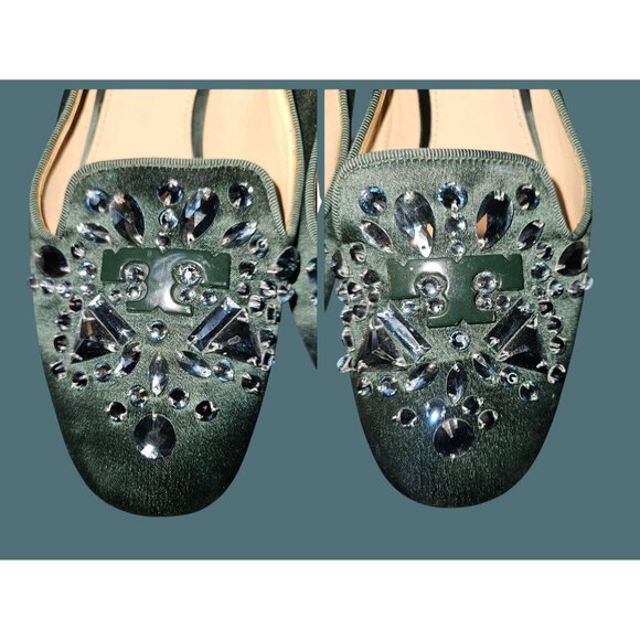 Tory Burch Green Satin Delphine T Logo Embellished Ballet Flats Size 8M - Picture 12 of 14